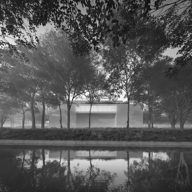 Klimatyczna wizualizacja w czerni i bieli. Widok elewacji tylnej budynku opery warszawskiej. Efektowne odbicie w wodach kanału parku łazienkowskiego.